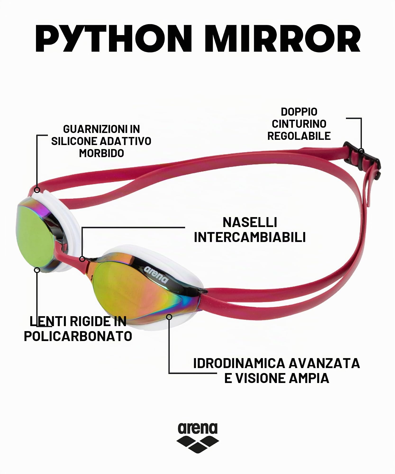 ARENA Occhialini da nuoto unisex Python Racing, per uomini e donne, anti-appannamento, nessuna perdita, massimo comfort, doppia cinghia, lenti a specchio/non a specchio