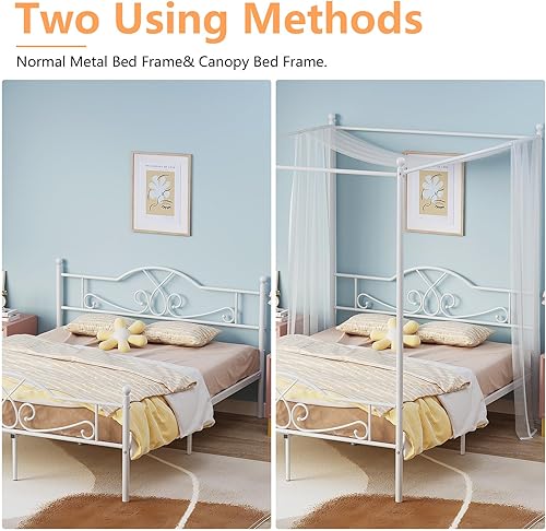 Miniatura 5 de Weehom Base de cama con dosel, tamaño Queen con cabecero y estribo, toldo de cama con dosel, plataforma de metal, base de colchón, almacenamiento