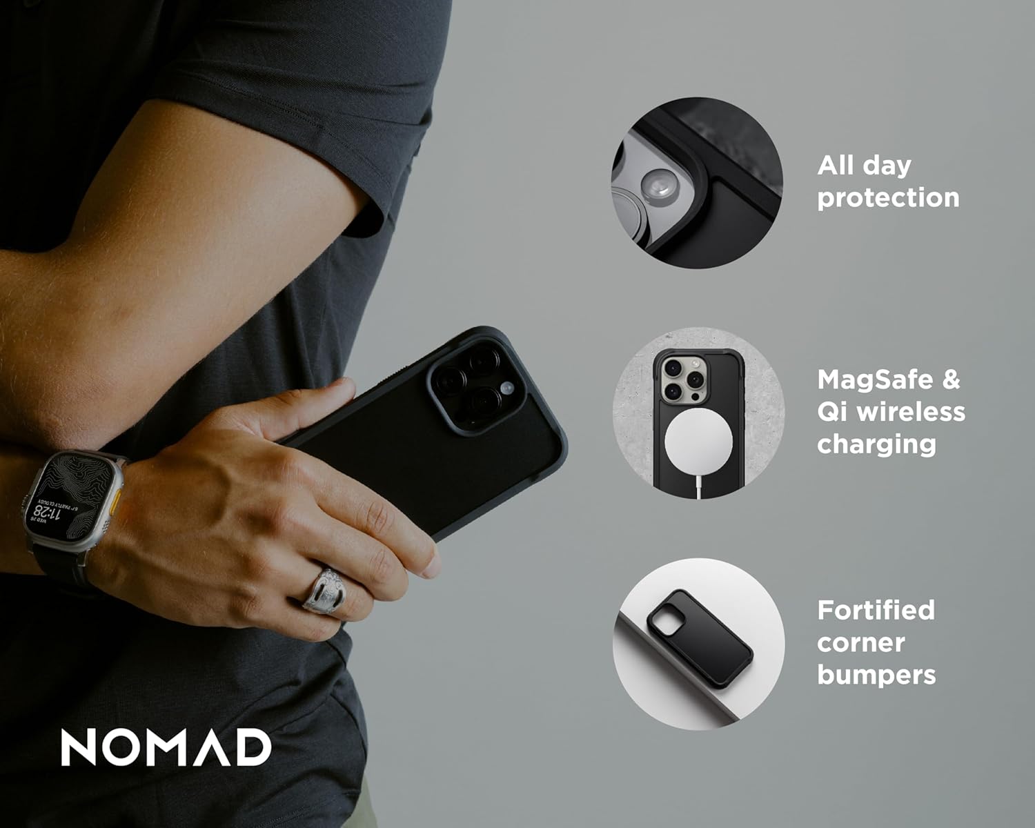 Nomad Rugged Case | for iPhone 15 Pro | Polycarbonate Protective Case with TPU Bumper | Matte PET Back | MagSafe Compatible | Shadow