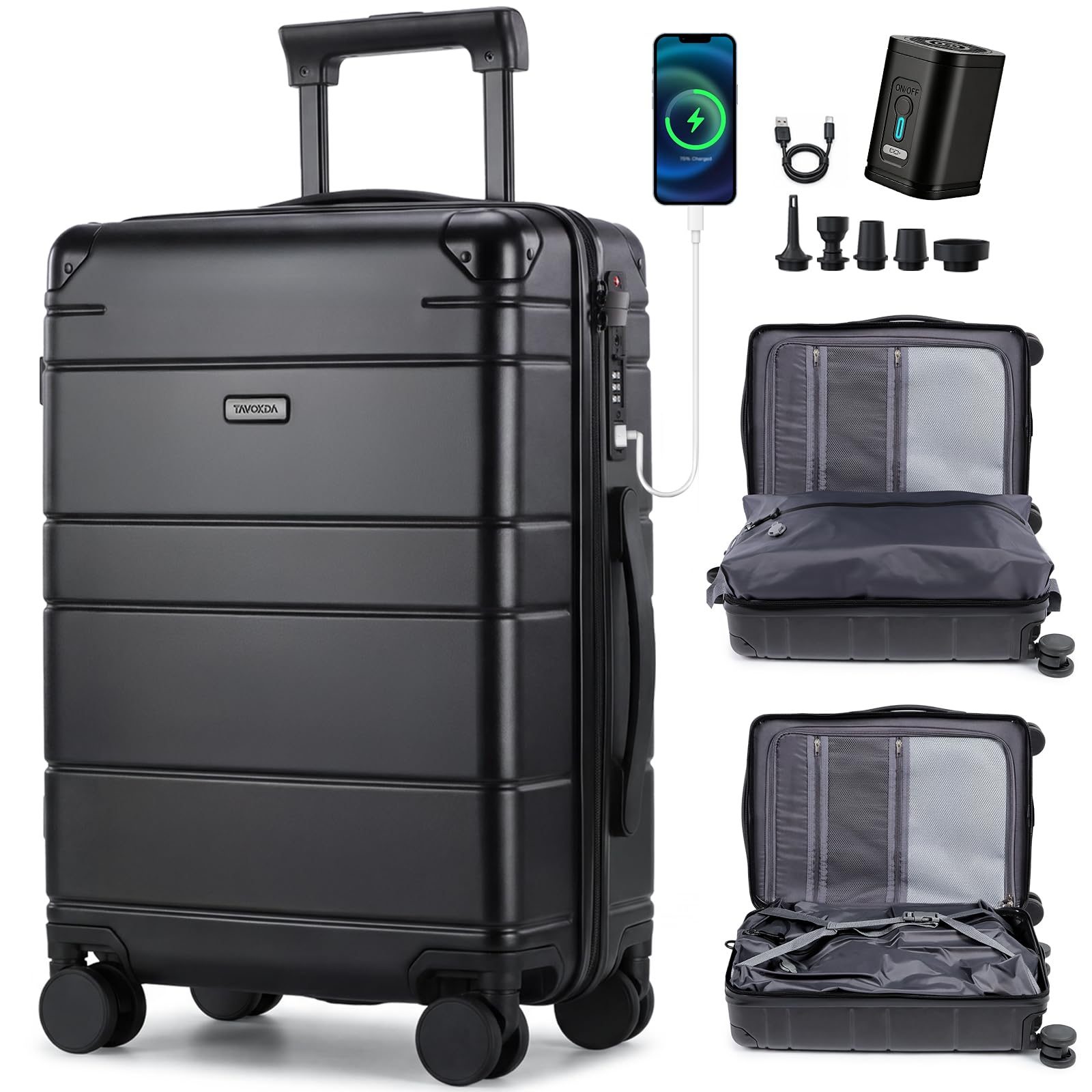 Carry on Luggage with Vacuum Compression and Pump, PC Black Hardshell Suitcase with Spinner Wheels, TSA Lock & USB Charging Port image 4