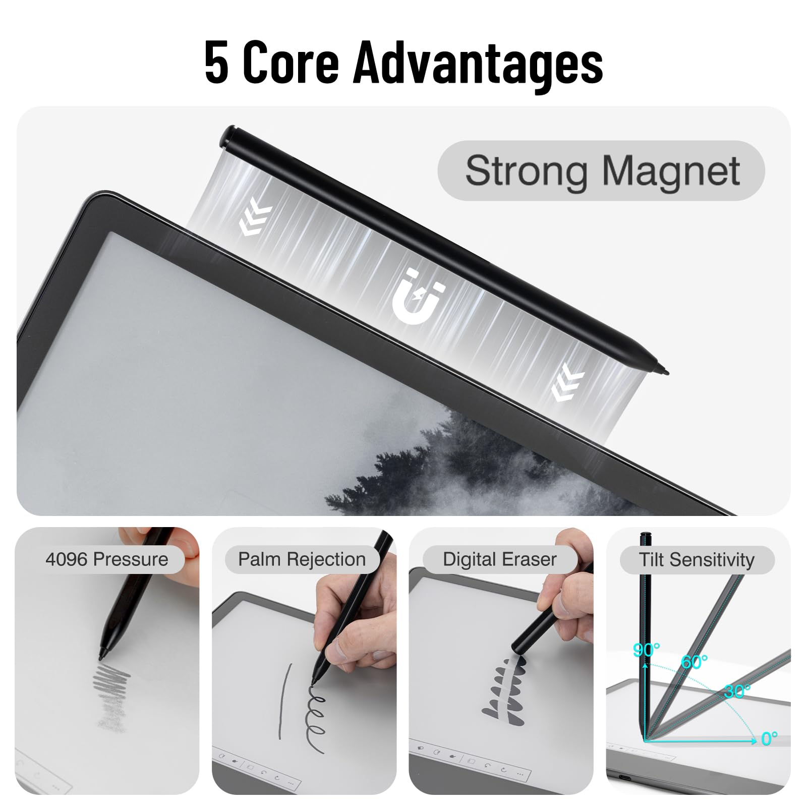 Stilo magnetico per Kindle Scribe Pen con gomma, ricambio per penna notevole 2 con gomma, penna EMR per Kindle Scribe Stylus, sensibilità alla pressione 4096, rifiuto palmo, supporto inclinabile con 5