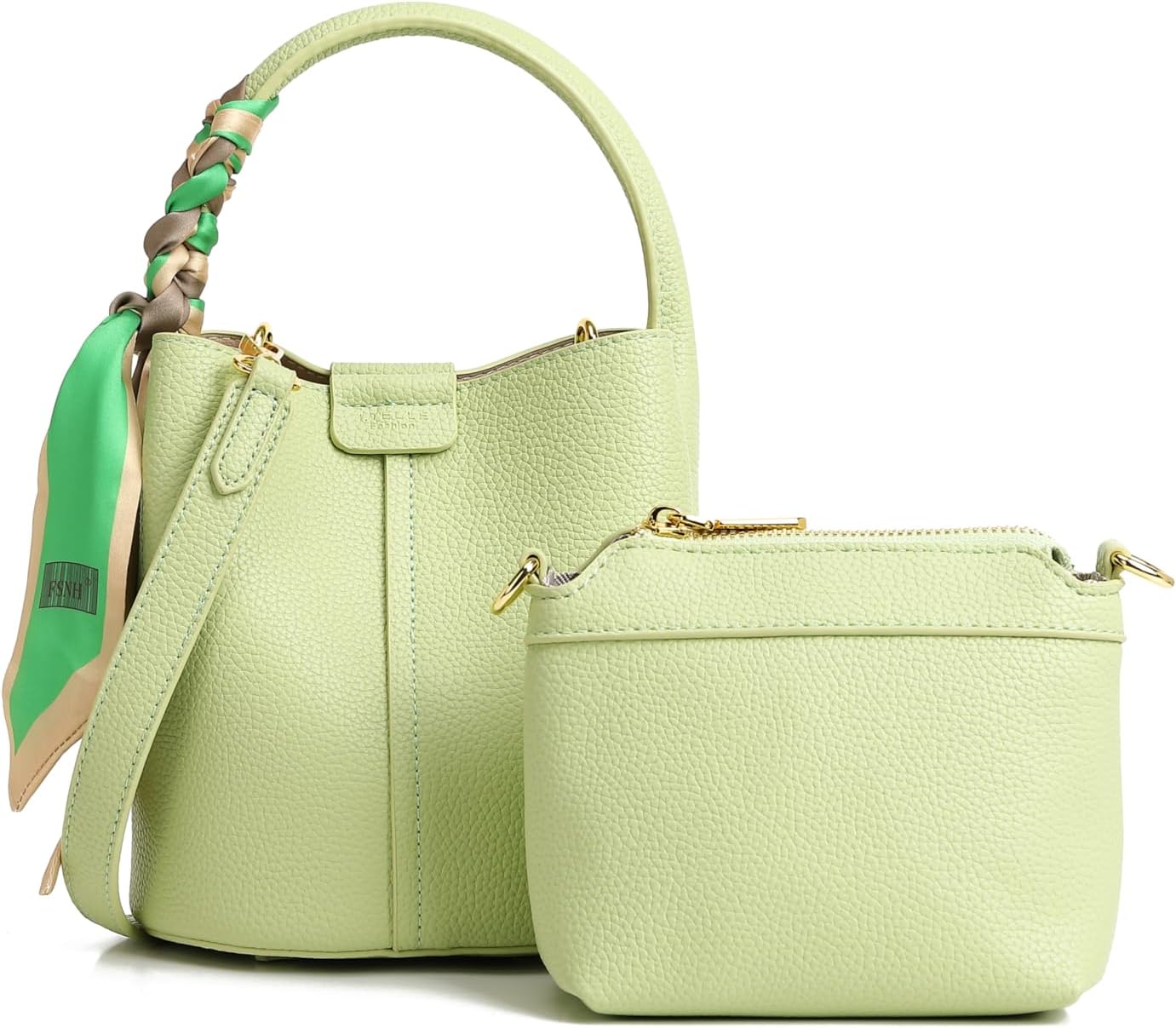 Women's small crossbody bag made of synthetic leather, mini bucket style shoulder bag with scarf, detachable shoulder strap