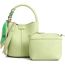 Womens small crossbody bag made of synthetic leather, mini bucket style shoulder bag with scarf, detachable shoulder strap
