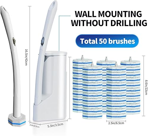 Miniatura 3 de Sistema de Cepillo de Limpieza Desechable para Inodoro con 50 uds. de Almohadillas de Repuesto Cabezales, Varilla de Limpieza para Inodoro, Kit de