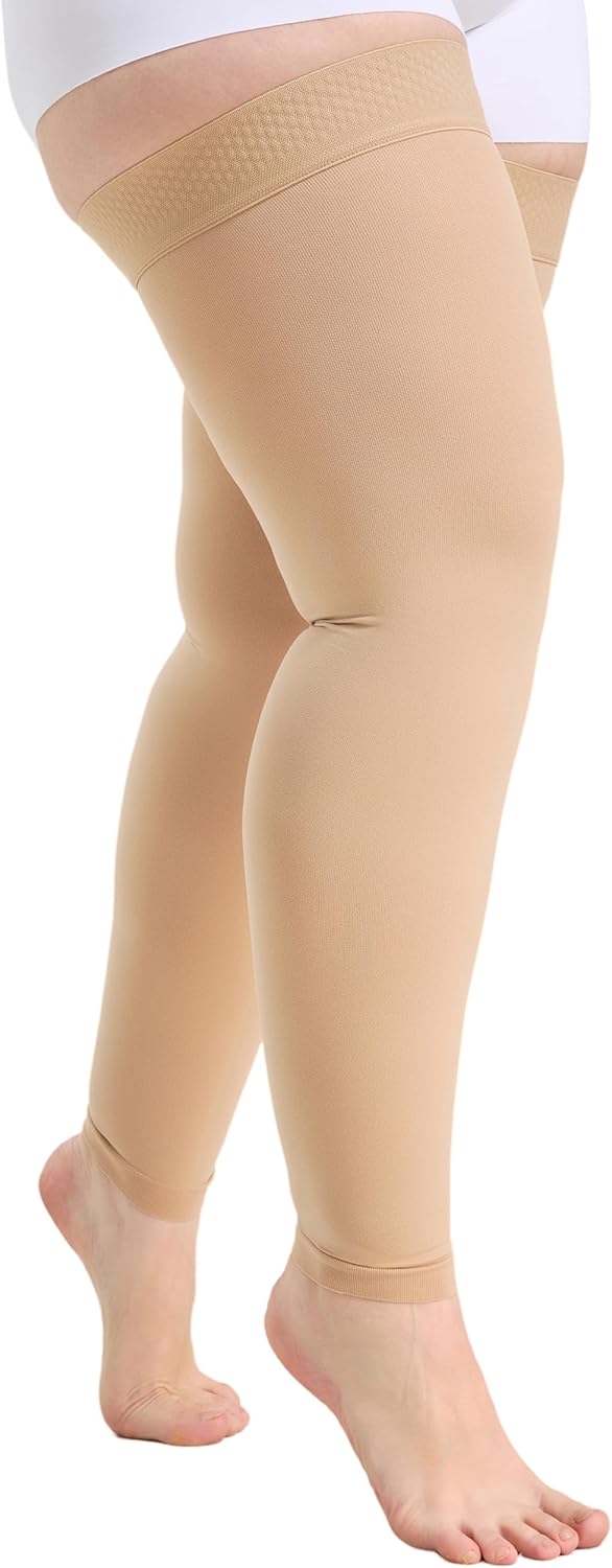 Plus Size 4XL Thigh High Compression Stockings Footless for Women & Men, Opaque Support Hose, 20-30mmHg Firm Graduated Compression Sock with Silicone Band for Varicose Veins, Edema, DVT, 1 Pair Beige - Image 4