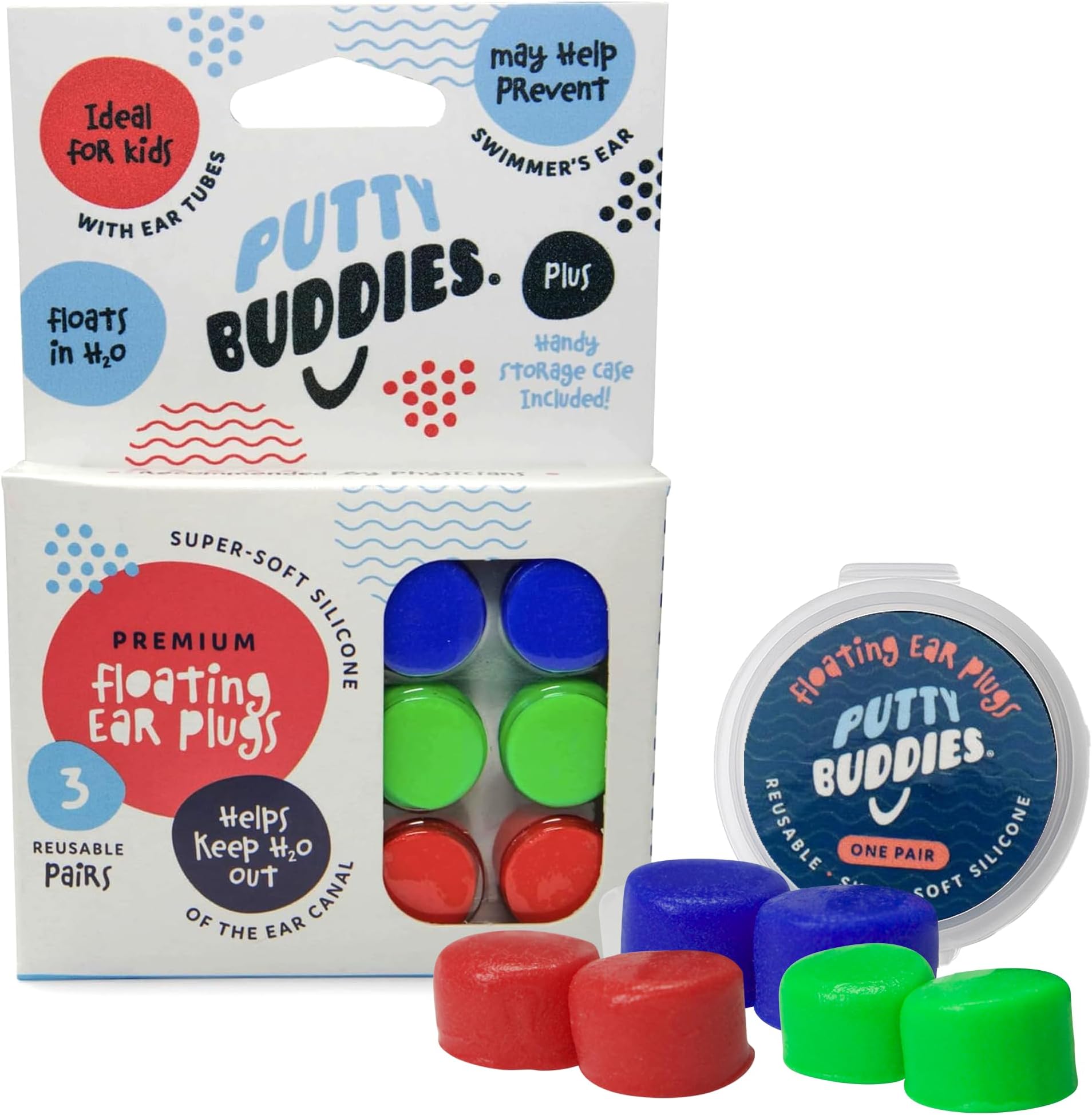 Putty Buddies Floating Soft Silicone Earplugs Blue, Red & Green 3 Pair Pack