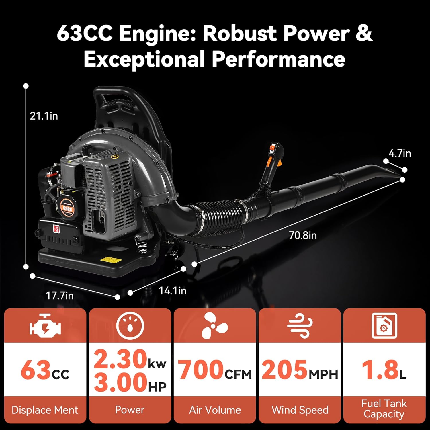 63cc Gas Power Leaf Blower, 2-Stroke Backpack Blower with 205 MPH 700 CFM, Adjustable Speed, Ergonomic Design, Cruise Control for Lawn Care, Yard Cleanup and Debris Removal