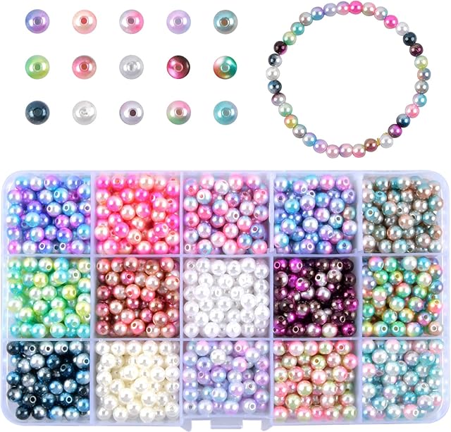 1200Pcs 6mm Round Pearl Beads Plastic Coloured Imitation Pearls Colorful Pearlized Beads Artificial Faux Pearl with Large Hole for Jewellery Making Necklace Bracelet DIY Craft, 15 Mixed Gradient Color