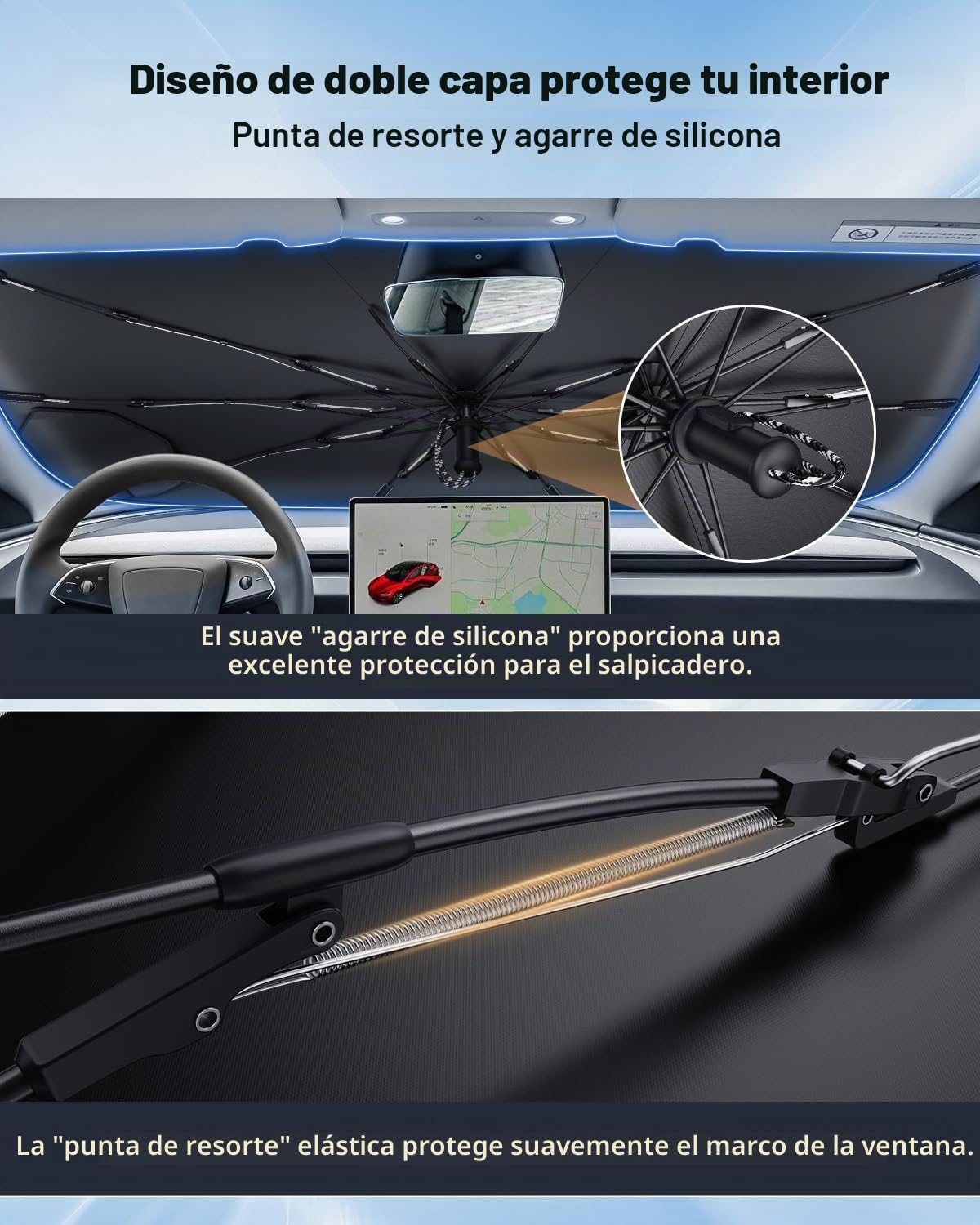 ECOZEN Parasol para Parabrisas Delantero de Coche Tesla Model 3 2018-2026, Parasol Autoadhesivo Coche Delantero Plegable Protección UV y Solar Parasol de Verano Accesorios Tesla Model 3