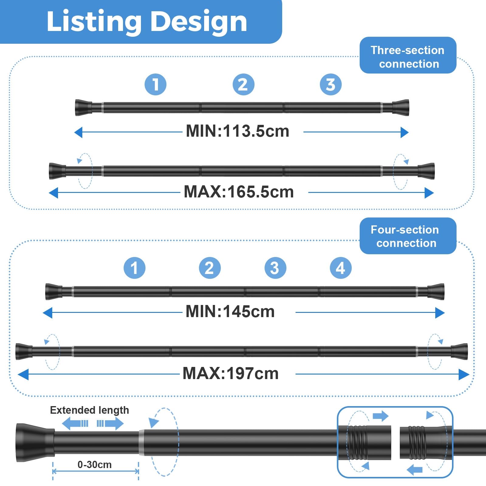 Shower Curtain Pole 113-197cm Extendable Curtain Poles Shower Curtain Rail Tension Rods for Curtains Telescopic Extendable Curtain Rail for Windows,Bathroom,Wardrobe,Door - Image 3