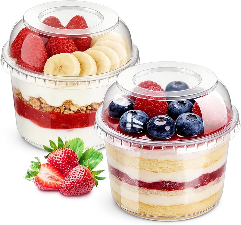 Paquete de 50 tazas de postre con tapas de 16 oz, tazones de acai transparentes con tapas de cúpula | Tazones preparados con anticipación, listos para usar, espacio adicional para aderezos, tazones de acai y batidos, parfaits de yogur, fruteros y postres