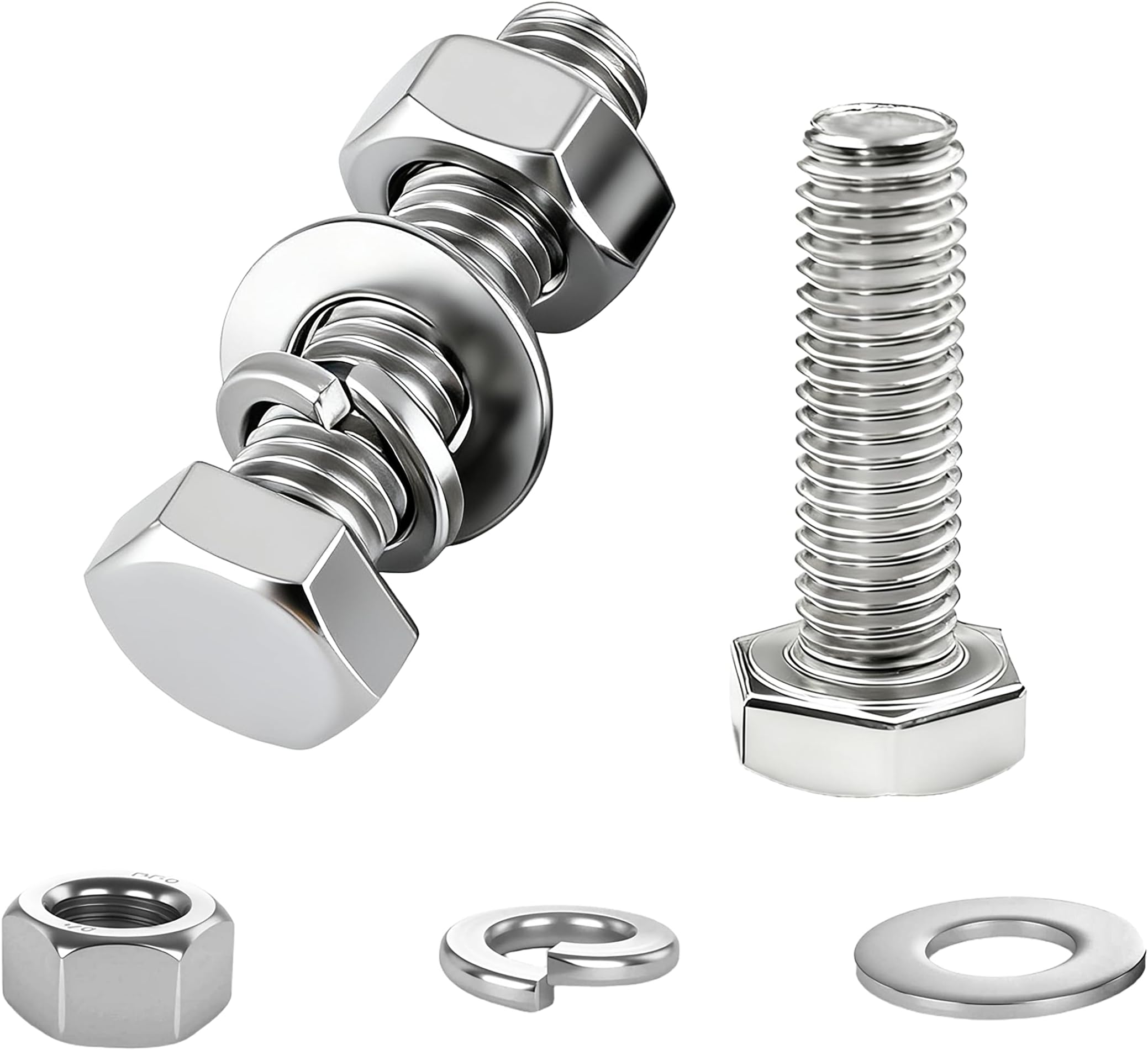 (8 Sets) 5/16-18x3 1/2" Hex Head Screw Bolt, Nuts, Flat & Lock Washers Kits,304 Stainless Steel 18-8 Hex Bolts and Nuts and Washers Assortment Kit,Fully Threaded by DINGBANG
