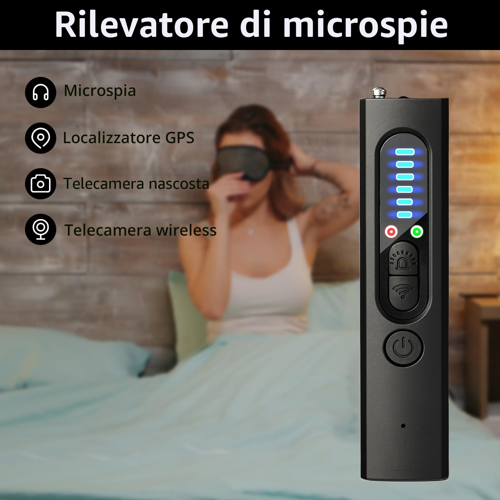 Rilevatore Microspie Senza Fili 4 in 1 - Detecțeur Telecamere Nascoste, GPS, RF e GSM, Rivelatore di Dispositivi di Ascolto, Rilevatore di insetti con 5 Livelli di Sensibilità per Hotel, Ufficio, Casa