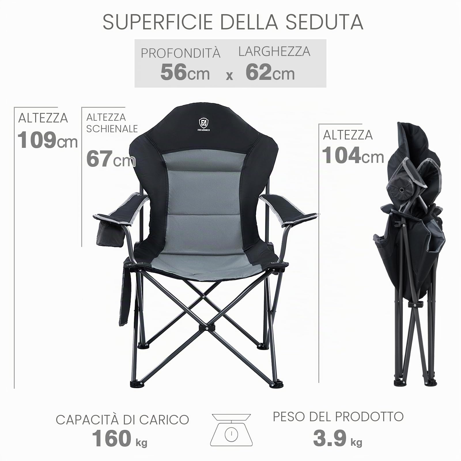 EVER ADVANCED Sedia da campeggio pieghevole 160 kg, capacità di carico con schienale alto, con tasca laterale e portabicchieri, comoda sedia pieghevole per campeggio, giardino, balcone, pesca