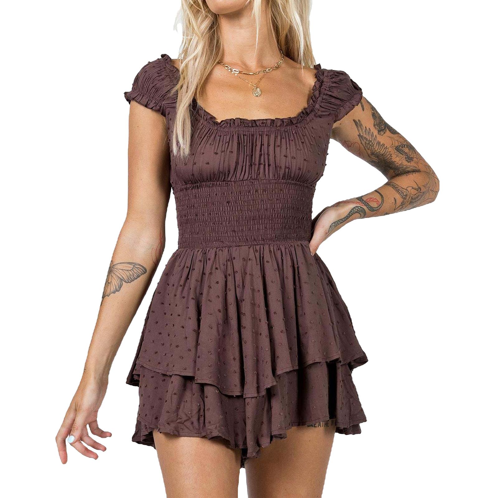 HonorBoard Women Off Shoulder Ruffle Shorts Romper Smocked Layered Chiffon Boho A-Line Flowy Wide Leg Dressy Mini Jumpsuits