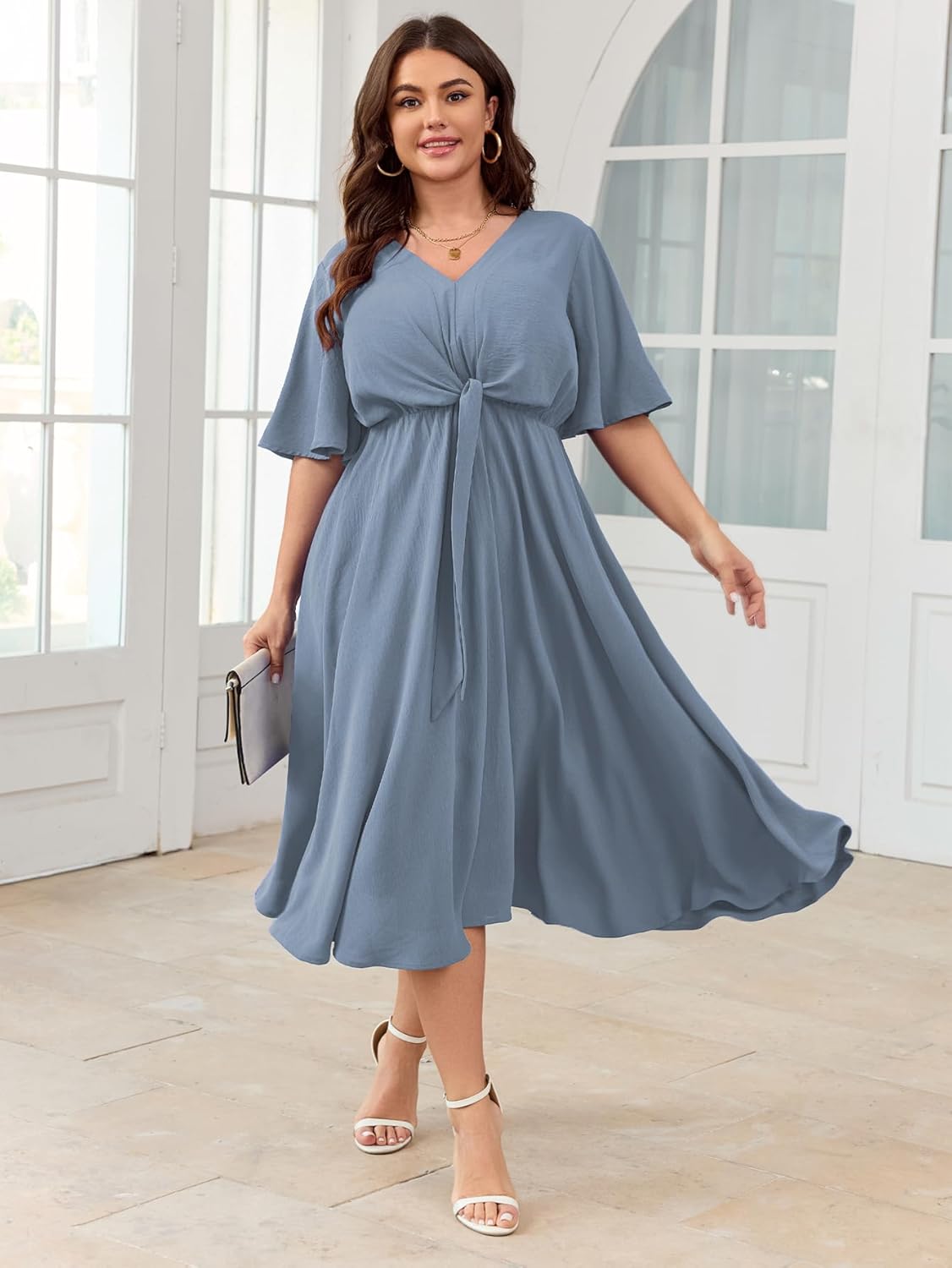 SCOMCHIC Women Plus Size Midi Dresses Wedding Guest Short Sleeve V Neck Tie Waist Casual Summer Flowy A Line Dress - Image 5
