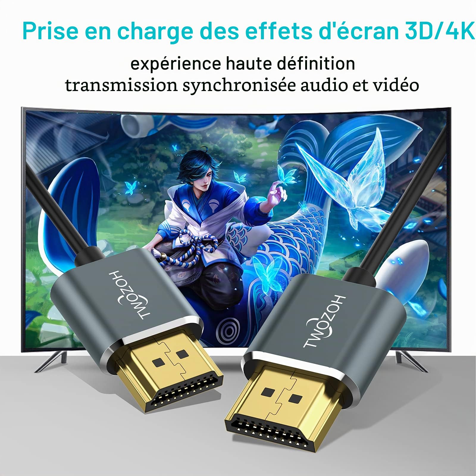 Twozoh Câble HDMI fin 0,3M Lot de 2, Ultra fin haute vitesse 4K@60Hz 18Gbps