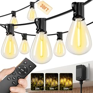 30FT Outdoor String Lights, 10+1 Waterproof & Shatterproof LED Edison Bulbs, with Remote & Dimmable, 3 Lighting Modes & Timer, Warm Yellow 2700K Patio Lights for Backyard Garden Balcony Party