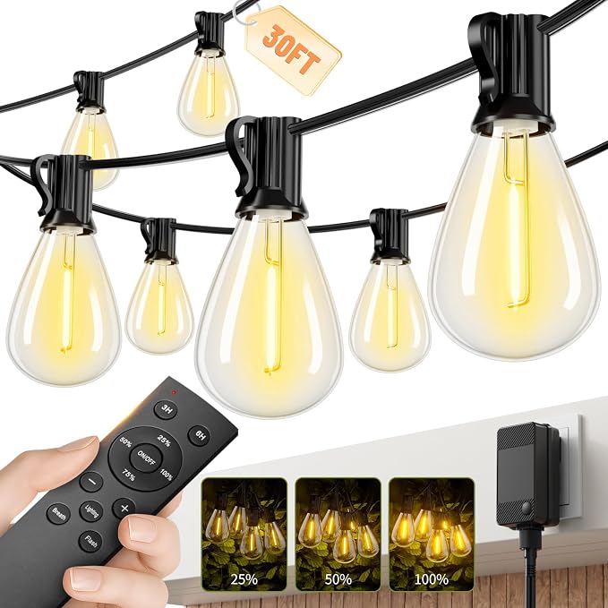 50FT LED Outdoor String Lights with Remote, One Continuous Strand Patio Lights with 18+1 Shatterproof S11 Bulbs, Dimmable 2700K Warm White, Timer & 3 Modes, Low Voltage for Backyard Garden