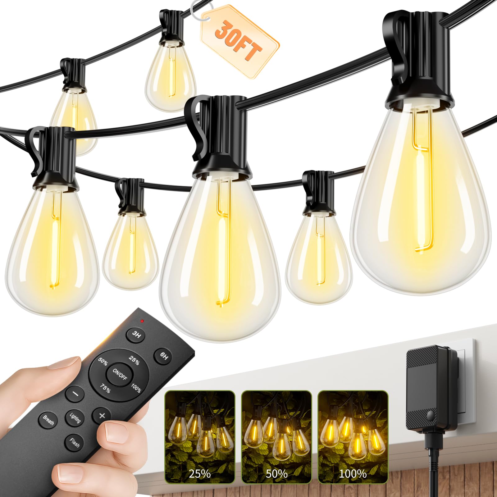 Sikitul 50FT Outdoor String Lights with Remote & Dimmable, 18+1 Shatterproof Waterproof Bulbs, Dimmable Outside Hanging Patio Lights for Backyard, Porch, Deck, Garden 2200K Warm Yellow — view 14