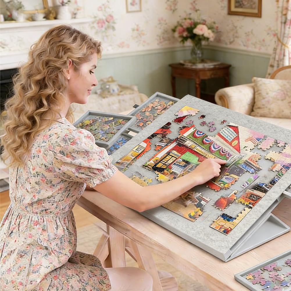 Rompecabezas de mesa inclinable para 1000 piezas, tablero de puzle de fieltro ligero con 6 cajones clasificadores, tablero portátil con soporte ajustable y cubierta (gris plateado)