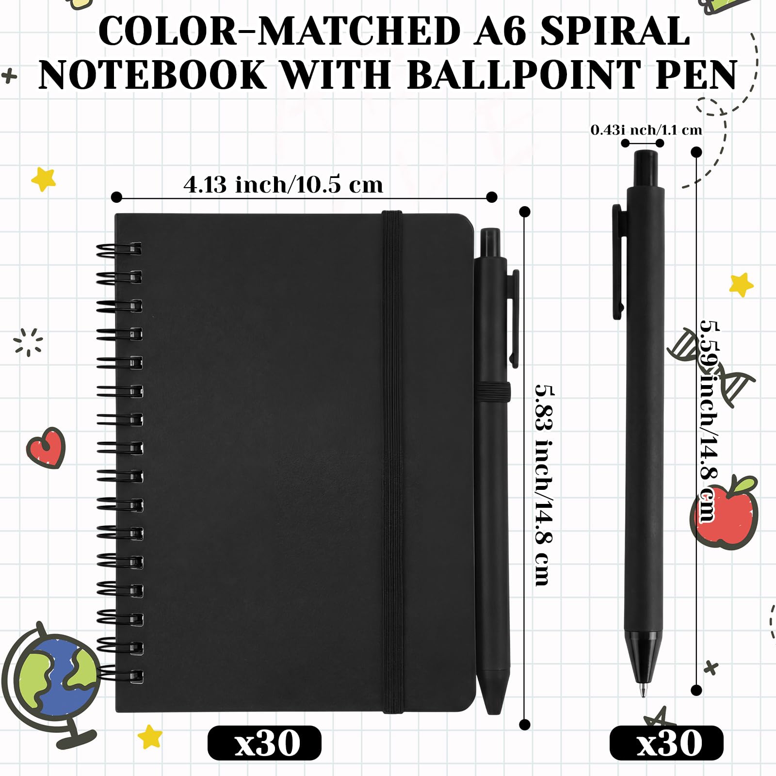 Fulmoon Set di 30 quaderni a spirale A6 con penna a sfera in 10 colori, 50 fogli, 10,2 x 15,2 cm, a righe, piccoli quaderni per il rientro a scuola, studenti, regali per ufficio e colleghi (nero