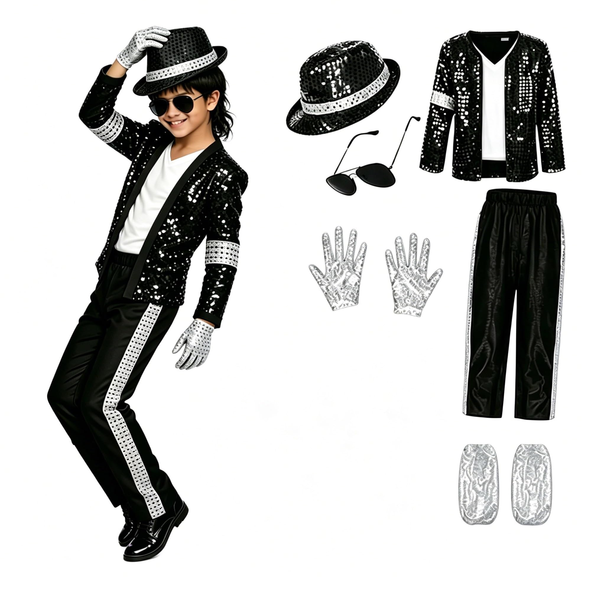 Disfraz de superestrella pop for niños, conjunto de 7 piezas, chaqueta de lentejuelas negras, pantalones, sombrero, guantes, disfraz retro de Halloween de los años 80 y 90