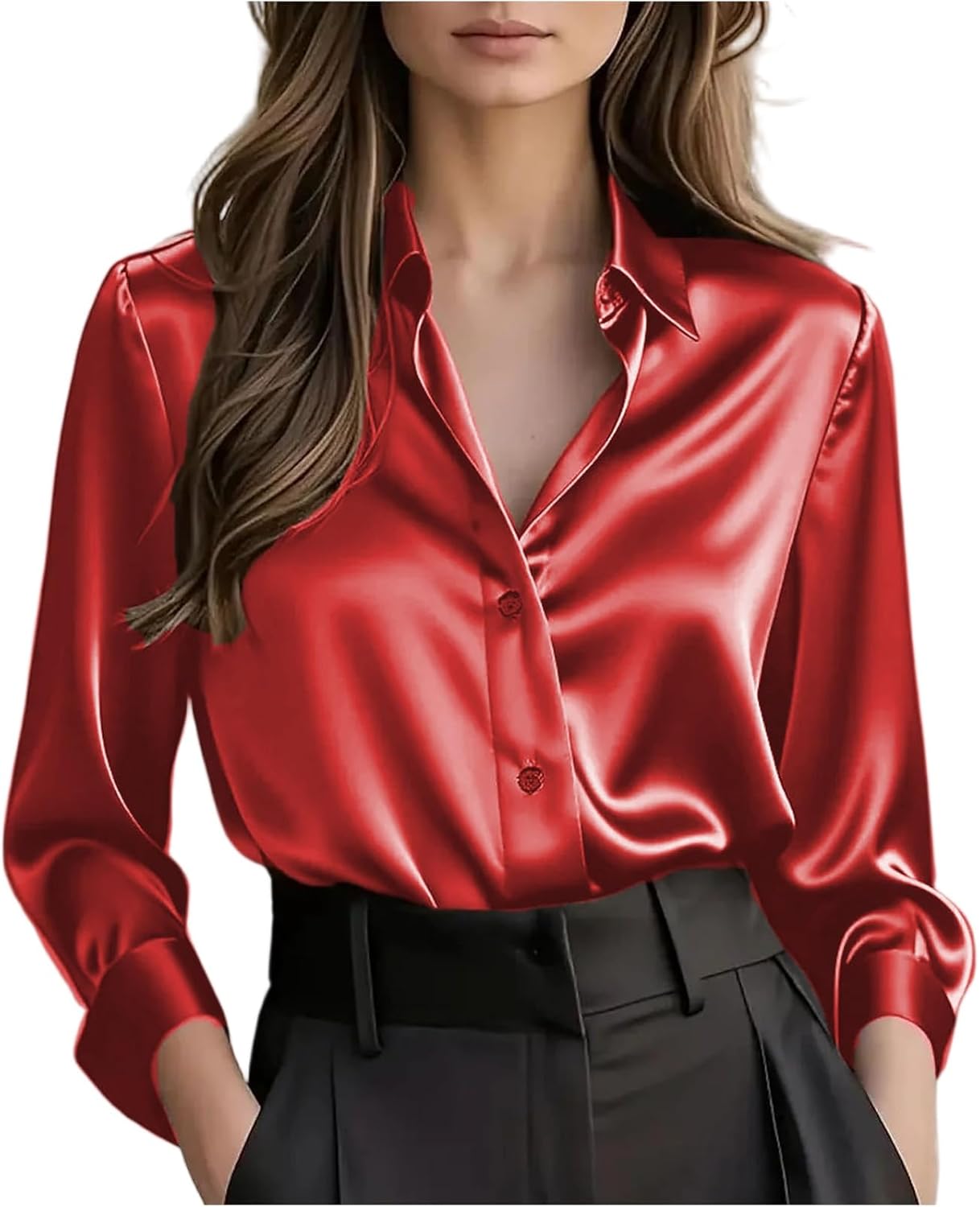 Satin Blouses for Women Lapel Satin Shirt Lightweight Button Down Long Sleeve Shirts Slim Fit Dressy Shirt Fall Y2k Clothes