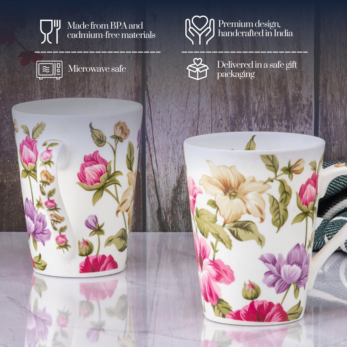GOLDEN QUEEN'S Mugs Set of 2 for Coffee, Tea, Milk - Ideal for Your Daily Beverage Ritual, Hosting & Casual Gatherings - Floral Harmony 2