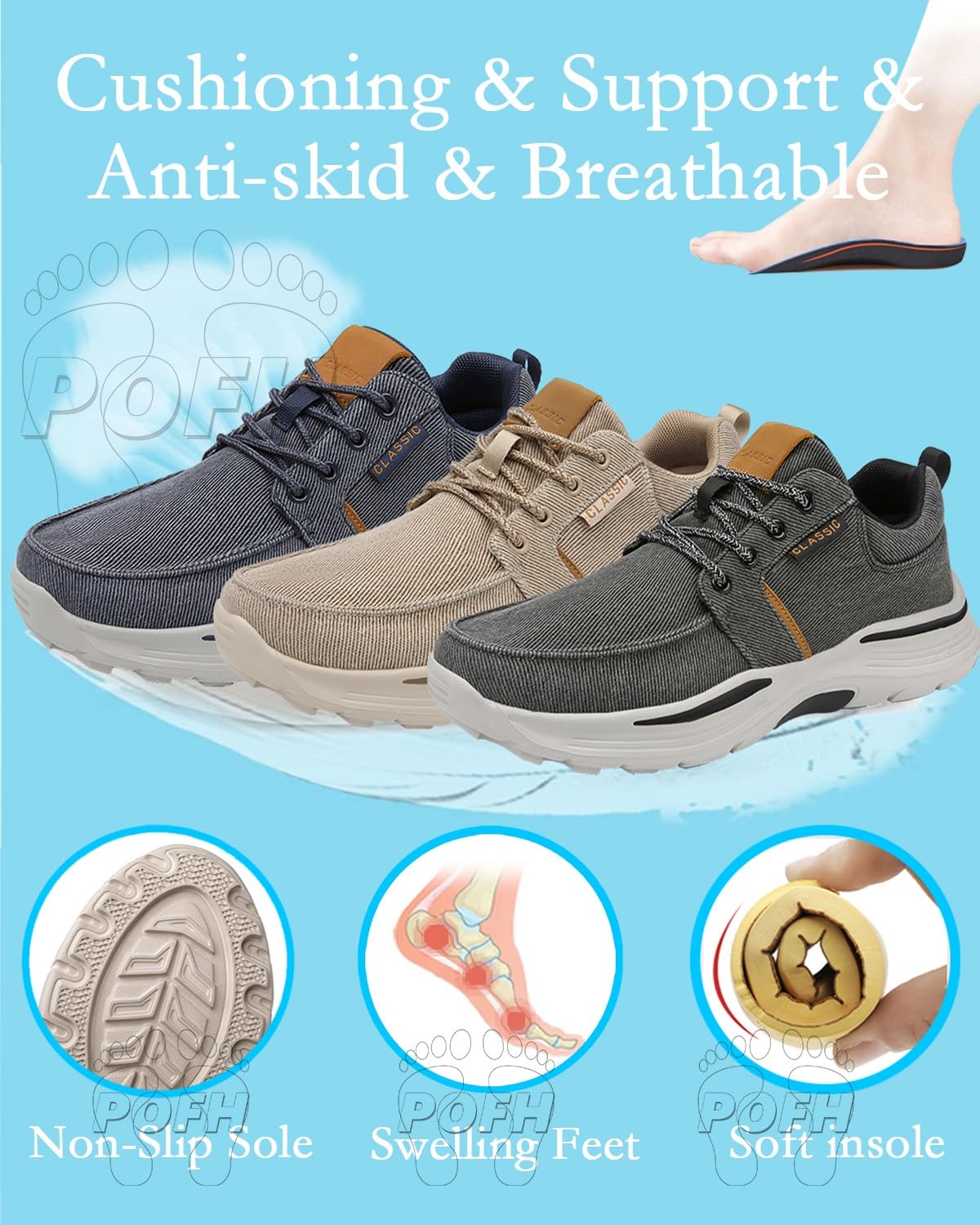 Scarpe Uomo Slip-On Ortopediche, Casual, Pianta Larga, Stile Passeggio