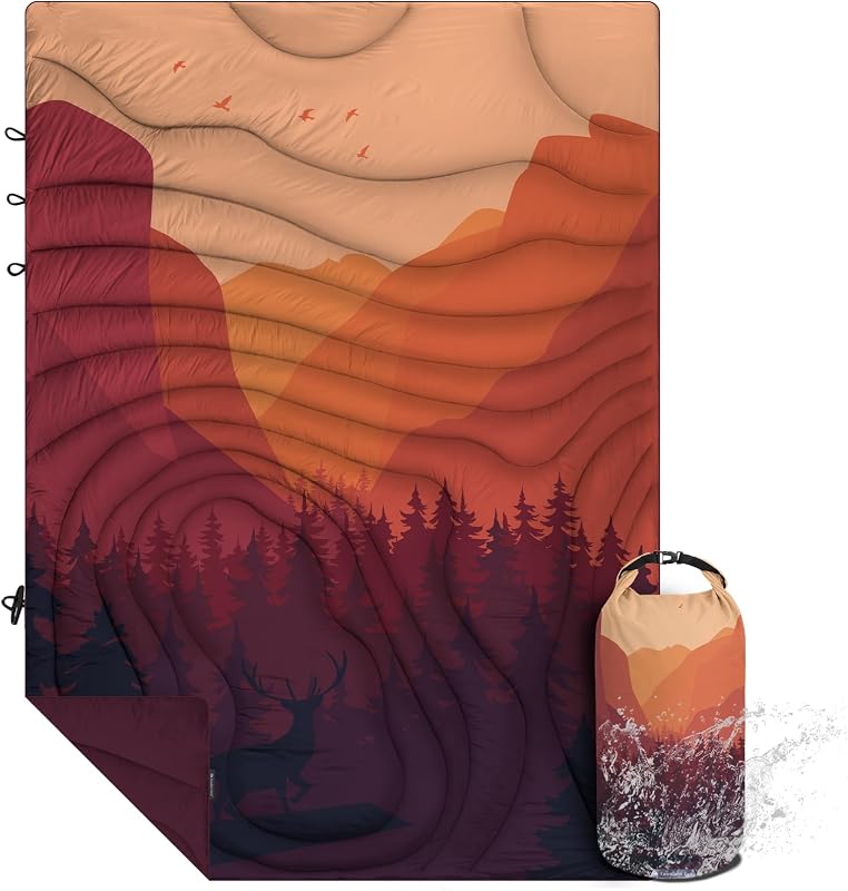 Manta de camping grande e hinchada, ligera, 78 x 56 pulgadas | Manta plegable para acampar al aire libre, portátil para viajar, picnic, playa, día de juego - Sunset Mountain