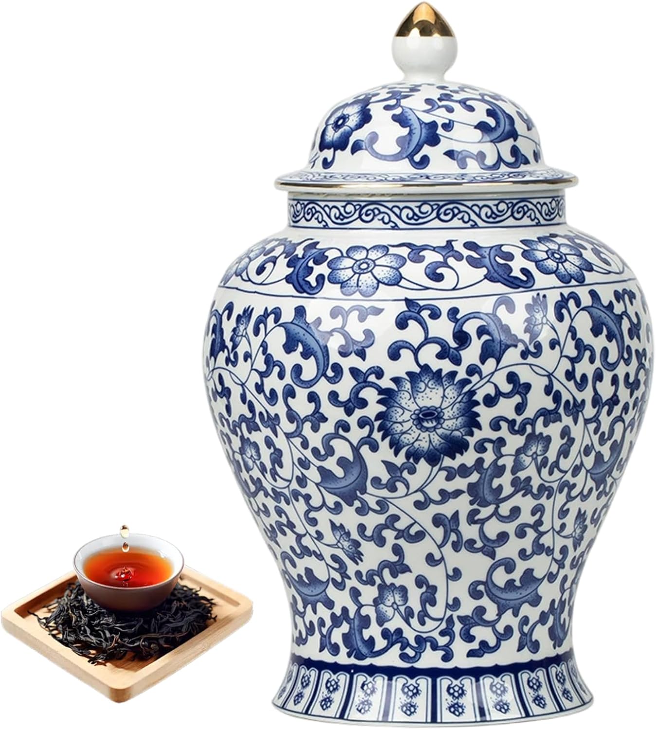 Blue and White Ginger Jar 900ml/30oz Ceramic Jar with Lid Lotus Design Decorative Tea Container Sealed Storage Chinoiserie Style Vase for Home Decor