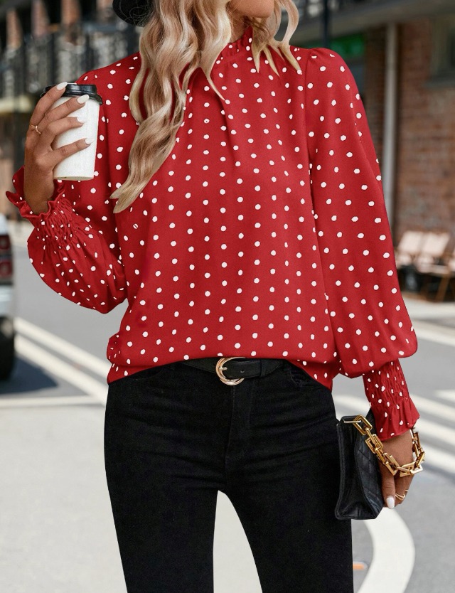 Women's Polka Dots Blouse Puff Ruffle Long Sleeve Shirts Tops Fall