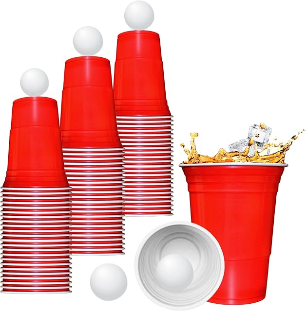 Coregadgets Large Red Plastic Cups Party 16 oz - 50 Pcs Red Solo Cups with 5 Balls,Strong and Sturdy Disposable Red Party Cups for Christmas and American Pie Games,Recyclable PP Material for Daily Use