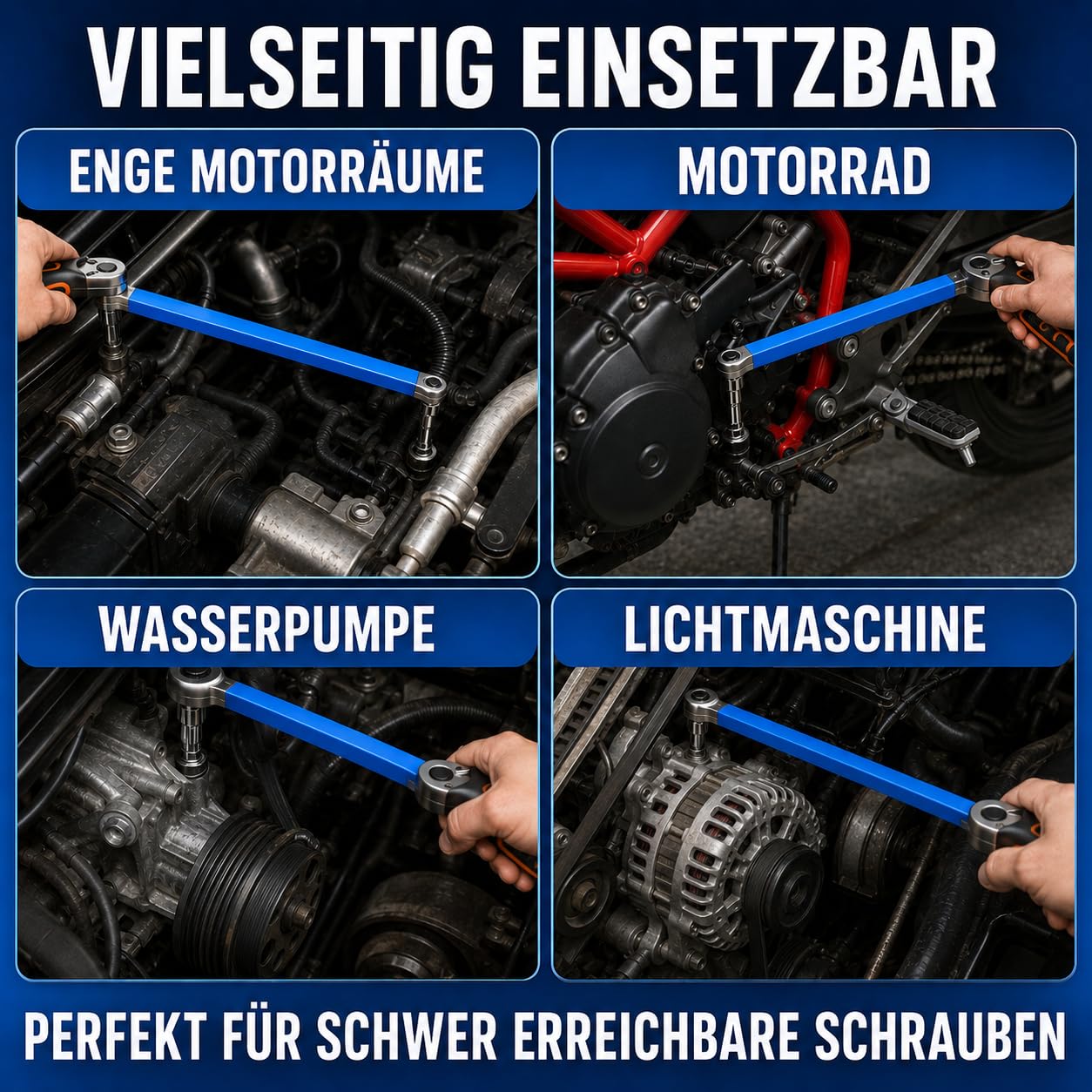 Schraubwerk Offset Schlüssel, Offsets Extension Wrench 39 cm (15 Zoll) Gekröpfter Verlängerungsschlüssel mit 1/4", 3/8", 1/2" Adaptern – Ideal für enge Räume im KFZ-Motorraum – Offset Adapter