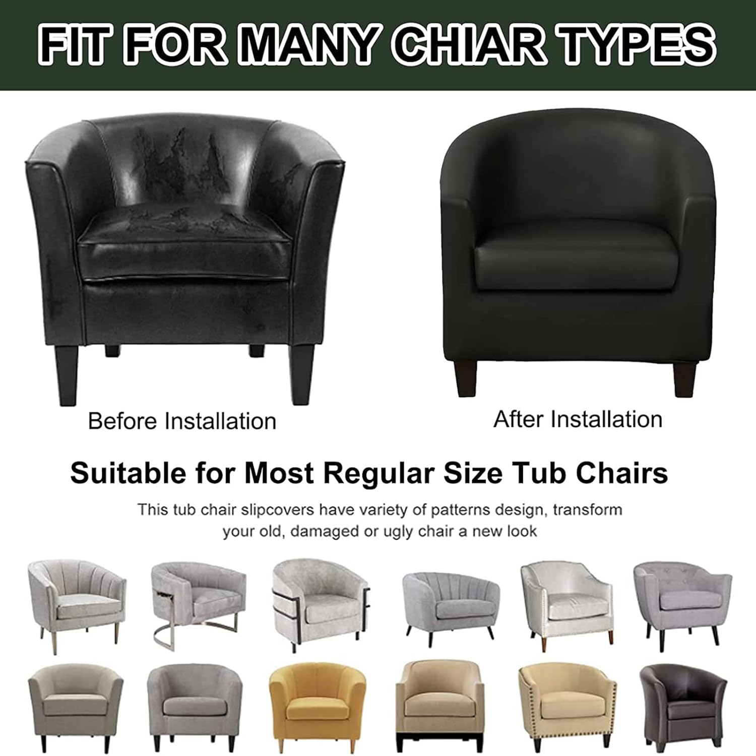 Pu Leather Club Chair Slipcover, Tub Chair Slipcover Waterproof Stretch Barrel Chair Cover Nonslip Armchair Covers, Removable Elastic Furniture Protector, for Living Room,L