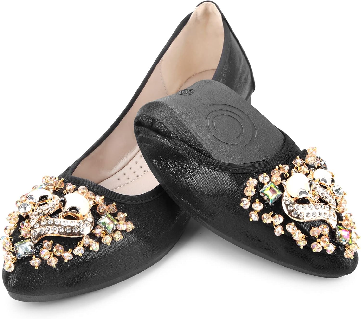 KUNWFNIX Women Ballet Flats Rhinestone Wedding Ballerina Shoes Foldable Sparkly Comfort Slip on Flat Shoes 7.5 #A2_black