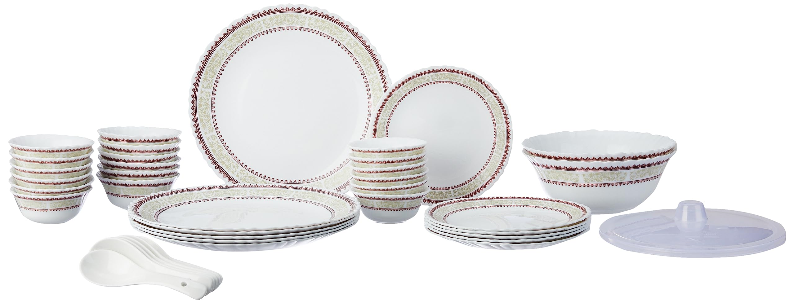 Larah by Borosil Elega Fluted Series Opalware Dinner Set | 40 Pieces for Family of 6 | Microwave & Dishwasher Safe | Bone-Ash Free | Crockery Set for Dining & Gifting | Plates & Bowls | White