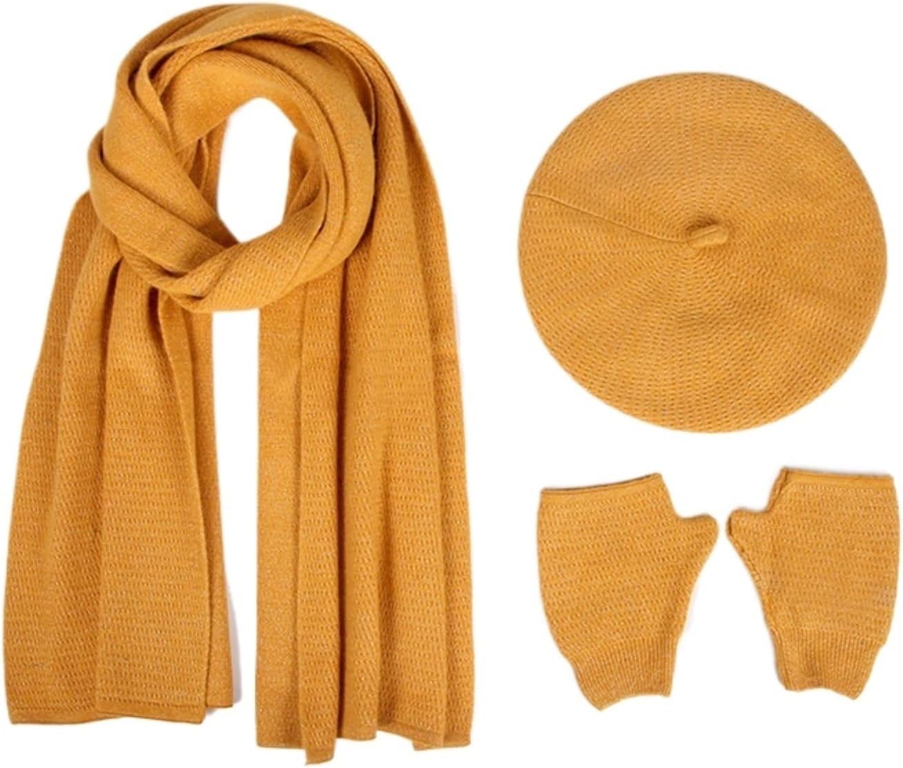 Hat Scarf Gloves Set A Solid-Color Hat Gloves and Scarf Three-Piece Windproof Set for Warmth Winter(Yellow)