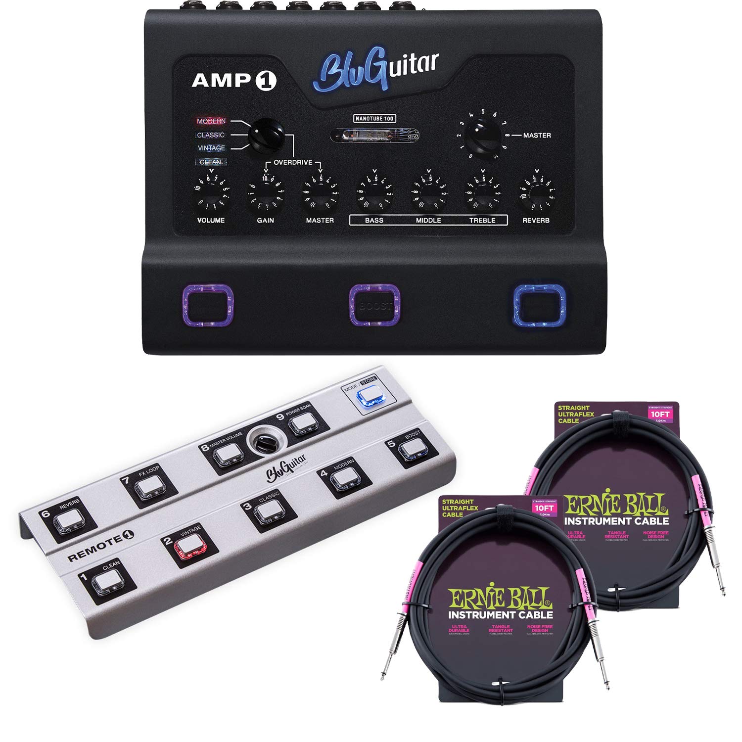 BluGuitar Amp1 Iridium Edition 100W, BluGuitar Remote1 Remote Foot Controller, (2) ErnieBall Guitar Cables Bundle