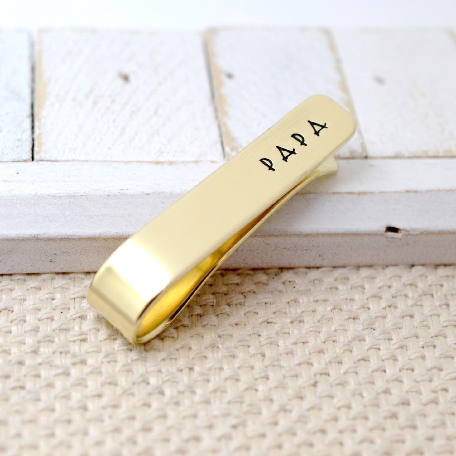 Father's Day Personalized Wide Brass Tie Clip, Tie Bar Necktie Pinch Clip, Gift for Dad, Gold Tone