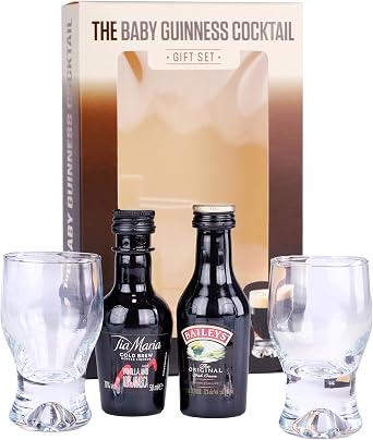 Baby Guinness Gift Set including Tia Maria Cold Brew 5cl and Baileys 5cl, and Two Shot Glasses. Perfect for Christmas and Birthdays. Premium Packaging by Blue Tree Gifts