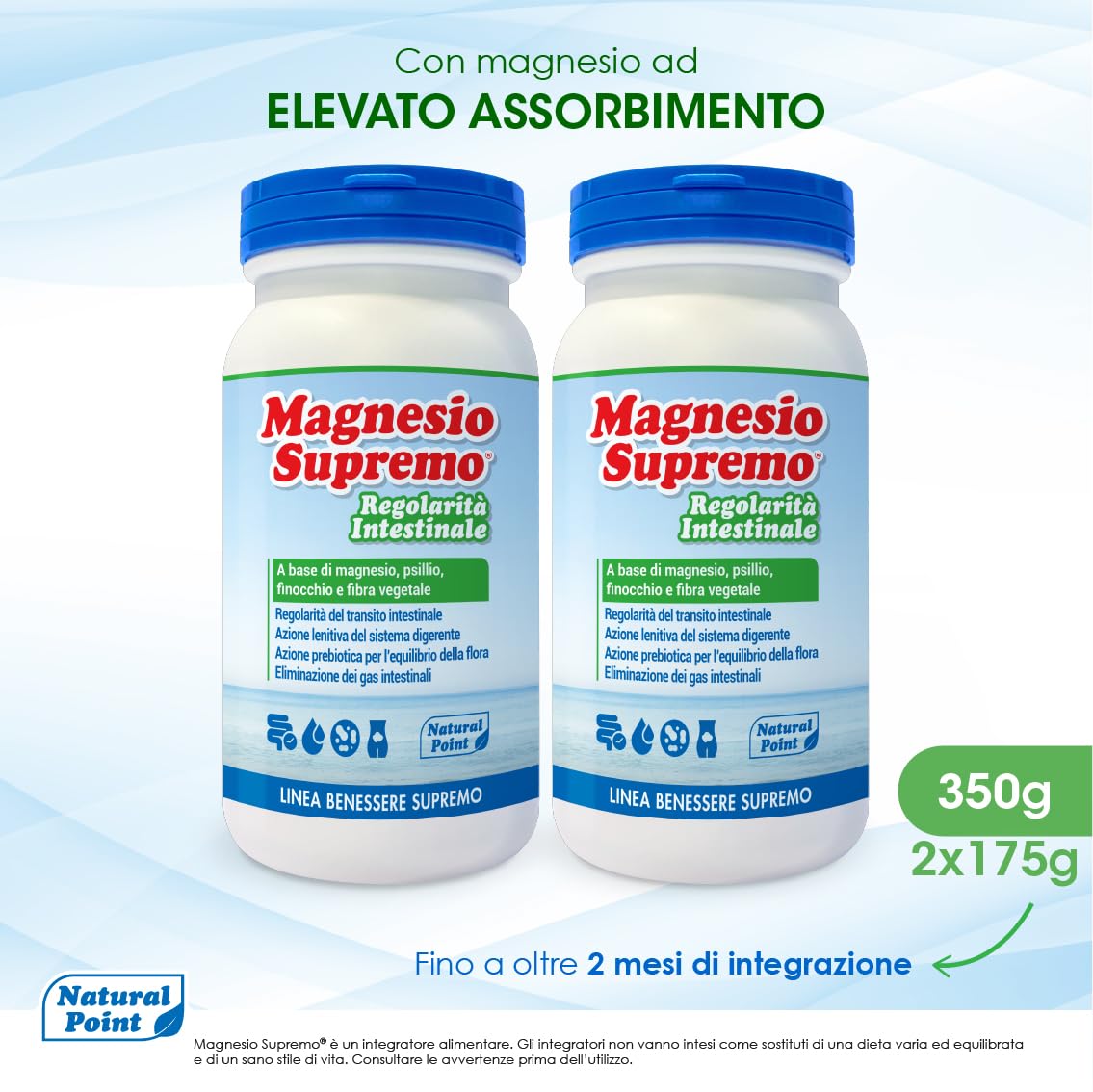 Regolarità Intestinale Integratore 350 g, 2x175 g | Magnesio Citrato In Polvere, Elevato Assorbimento, con Psillio Finocchio Guar, Benessere Intestinale, Azione Prebiotica