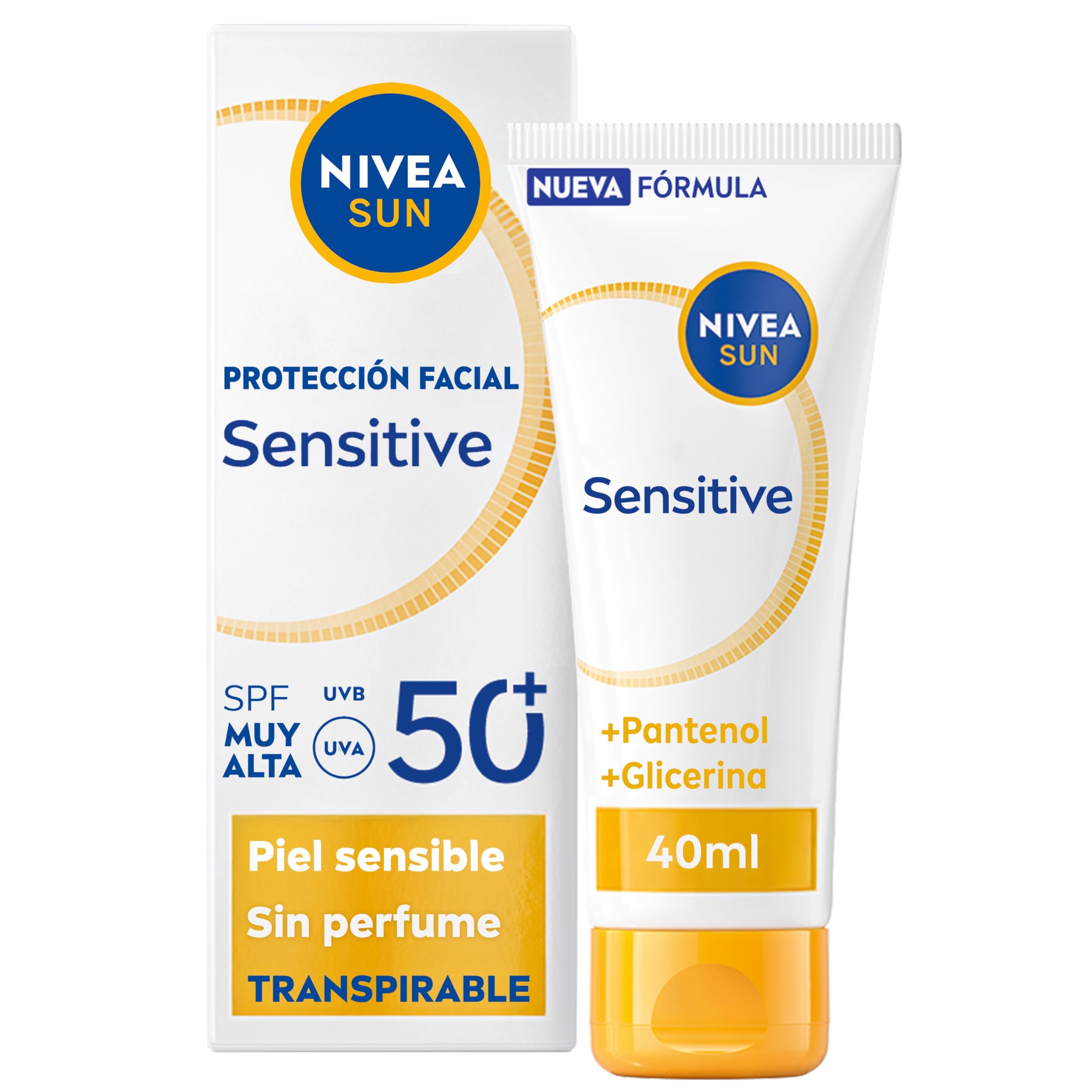 NIVEA SUN Sensitive Protección Facial SPF50+ - Crema solar facial - 3x Protección UV Transpirable Piel Sensible - Pantenol, Glicerina, Licocalcón A - Textura Ligera y 0% Sensación Grasa - 40 ml