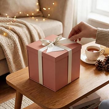Tekhoho Rose Gold Gift Box 22x22x20.5cm, Premium Gift Boxes for presents with Lid and Ribbon for Valentine's Day, Christmas Wedding Birthday Gift Packaging, Plaid Lining