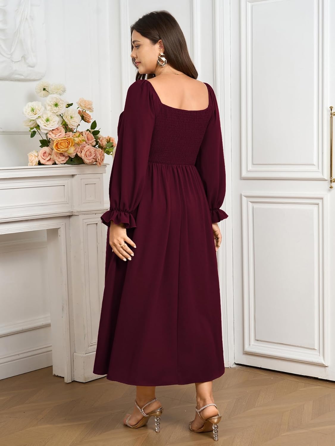 SCOMCHIC Womens Plus Size Maxi Dress Long Sleeve Square Neck Smocked Wedding Guest Flowy Split Fall Dresses with Pockets - Image 6