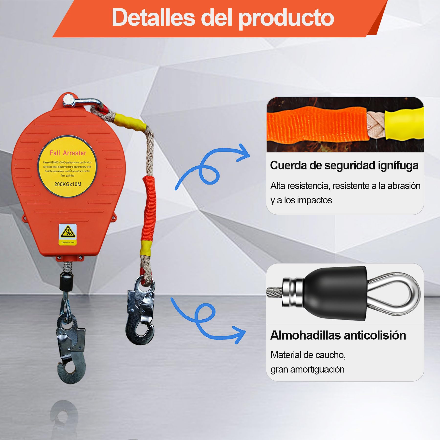 Dispositivo Anticaida Retractil, 10m Arnes Linea de Vida Retractil Tejado | Anticaidas Retractil Seguridad 200KG con Gancho Autoblocante, Equipos Anticaída Retractil para Trabajos Aéreos