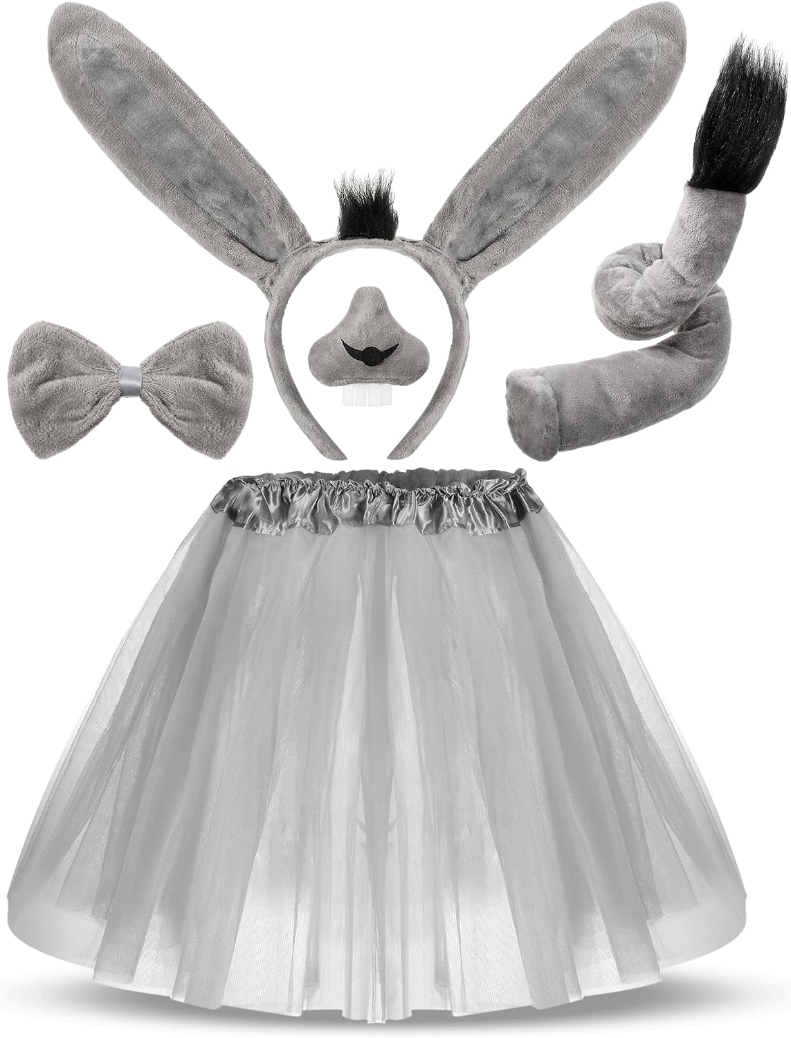 Geyoga 5 Pcs Carnival Donkey Animal Costume Set Ear Headband Nose Bow Tie Tail Tutu Skirt Cosplay Kit Accessories for Girl
