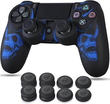 YoRHa Laser Carving Silicone Skin for PS4 Controller x 1(Blue) with Pro Thumb Grips x 8
