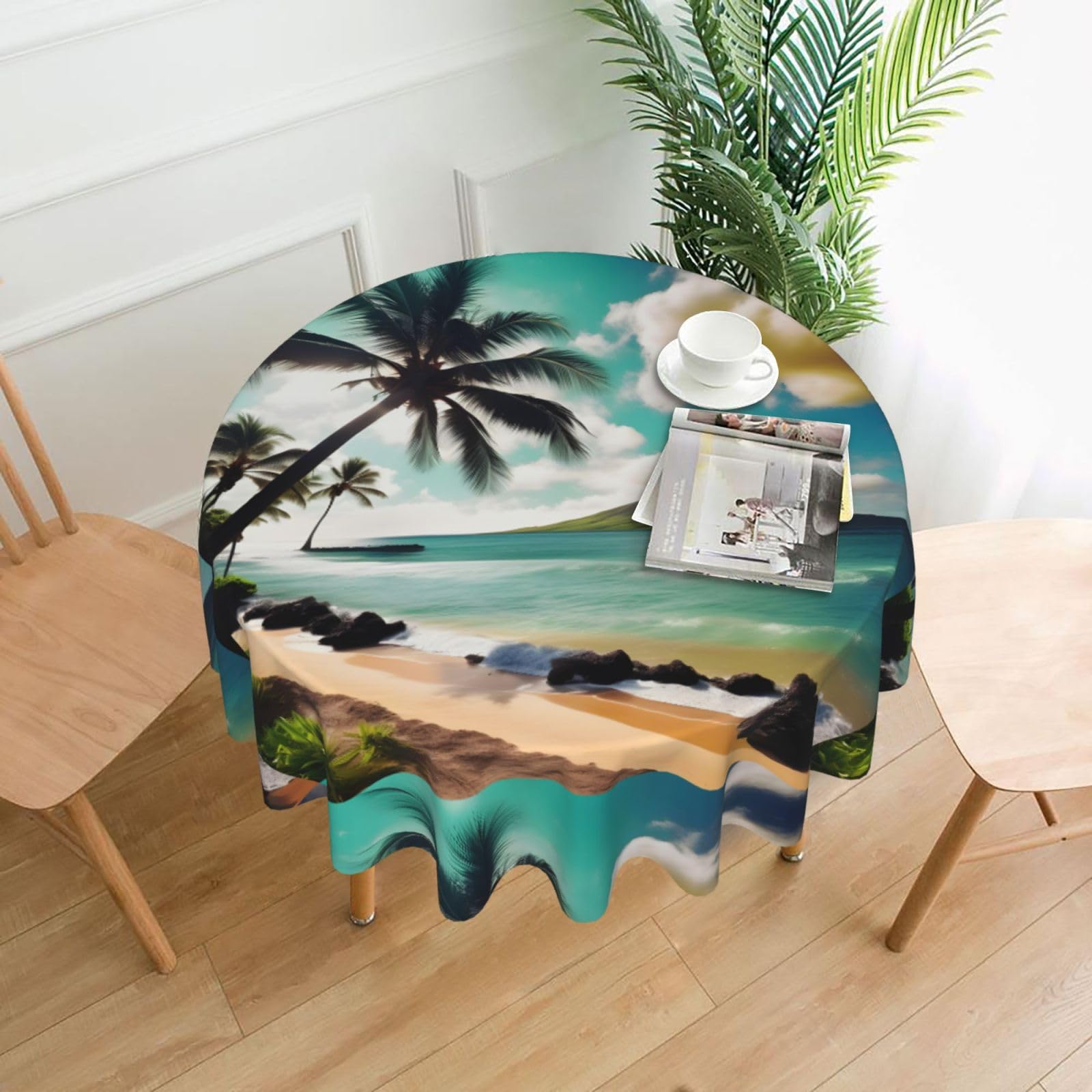 Nbtghga Tropical Beach Palms Print Tablecloth Round Border Table Cloth Cover Decorative For Party Holiday Dinning Tabletop Home